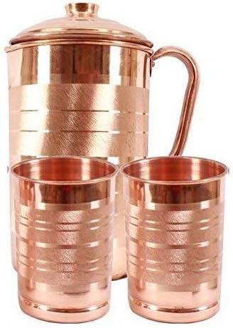 W-Tech Copper Jug Pitcher with 2 Glass Tumbler, Serveware and Drinkware, Ayurveda, 1500ml - Set of 3