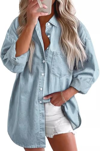EUDOLAH Mujer Camisa Vaquera Denim Suave Corte Oversize Casual con Bolsillos y Cuello Polo(L,Azul Claro)