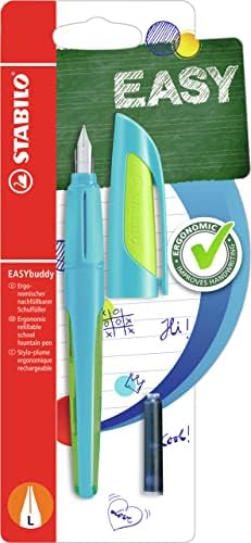 Penna Stilografica Ergonomica per Bambini, Stabilo Easybuddy Fresh Edition in Azzurro/Lime, Punta Mancini, Cartuccia Blu Inclusa