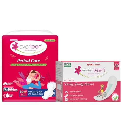 Image of everteen Combo Offer Pack Buy 40 Pads Get 30 Panty Liners for Light flow days and XXL Sanitary Pads for Heavy Flow, Soft Sanitary Napkins for Women, Infused with Neem and Safflower - Pack of 2