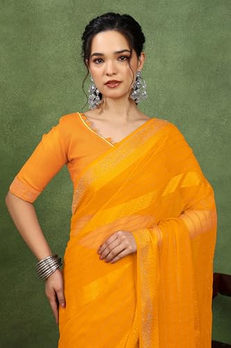 Image of MIRCHI FASHION Saree for Woman Georgette Solid with Satin Stripes | Stone Border Farewell and Ceremonial Sari with Blouse Piece
