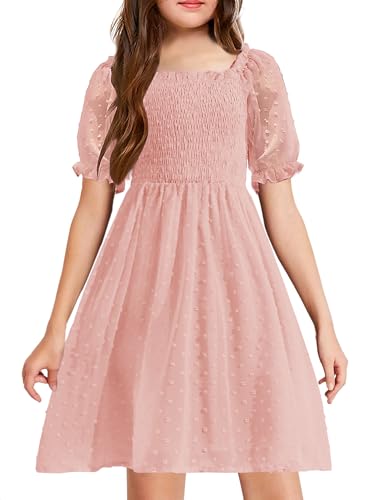 Arshiner Girls Swiss Dot Chiffon Dress Puffy Sleeve Square Neck Smocked Flowy Midi Dresses 5-14 Years
