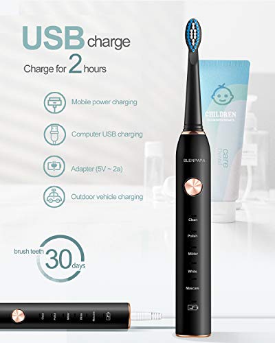 Teeth & Gums Care Electric Toothbrush, Ipx7 Waterproof Sonicare 38000Vpm, Fast Charge Long Last With Intelligent Time Reminder 5 Optional Modes Dupont Brush Heads, Travel, Indoor, Outdoor, Black #TOP5