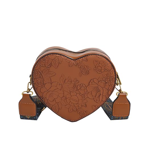 HEBIMEN Women's Retro Flower Printing Handbags and Crossbody Bags,Female Purses Quilted Versatile Heart Bags Satchel Bags Brown01