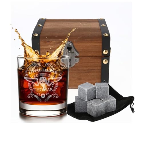 Whiskey Glas mit Gravur (Name & Datum) I originelle Geschenkidee mit rockigem Totenkopf Design