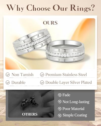 Image of 8mm Mens Gold Wedding Band with Cubic Zirconia Silver Eternity Ring CZ Inlaid 18K Gold Plated Stainless Steel Rings for Men, Rings Size 5-12