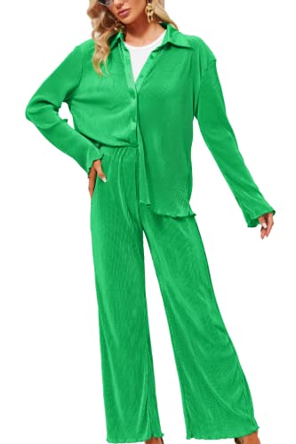 Feazac Damen Casual 2-teiliges Outfit - Langarm Knopfleiste Bluse Top Weite Bein Lose Streetwear Loungewear Plisse Set Outfits, Rüschen - Grün, L Cover