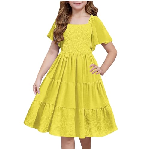 Girls' Summer Dress Flutter Sleeves Smocked Bodice Lightweight Tiered Casual Beach Dress
