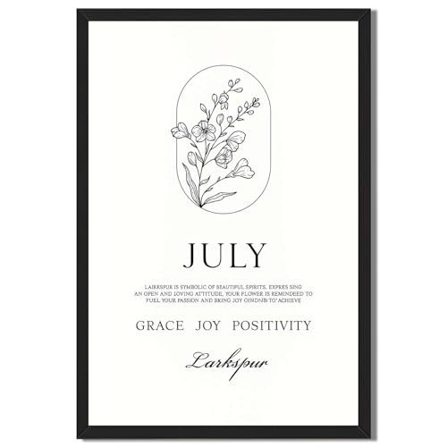 Framed July Birth Flower Larkspur Botanical Line Art Canvas Print Minimalist Aesthetic Poster Wall Art Elegant Wall Decor for Bedroom Living Room Home Decoration (Black Framed,24" LX36W)