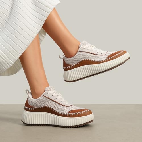 DREAM PAIRS Women Chunky City Tweed Comfortable Casual Platform Fashion Sneaker,Size 7,Brown Beige,SDFN2379W