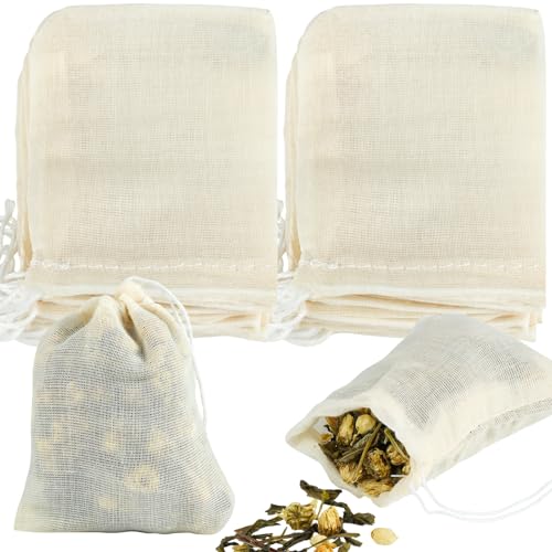 40pz Sacchetti Stoffa, 6x8cm Filtri per Tisane Sfuse con Cordoncino, Filtri Tisane Riutilizzabili per L'auto-Riempimento, Bustine Te Vuote per Spezie Tè Caffè Regali Gioielli