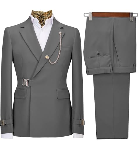 Men's 2 Piece Suit with Metal Clasp Slim Fit Suit Stylish Business Tuxedo Suit Set-34,Gray