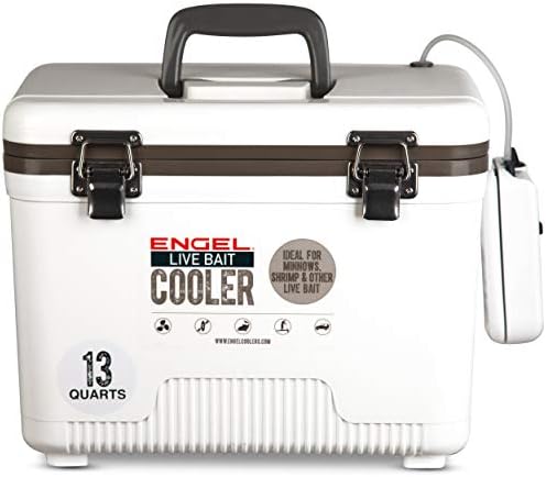 Engel 13qt Live Bait Cooler Box with 2nd Gen 2-Speed Portable Aerator Pump. Fishing Bait Station and Minnow Bucket for Shrimp, Minnows, and Other Live Bait - ENGLBC13-N in White