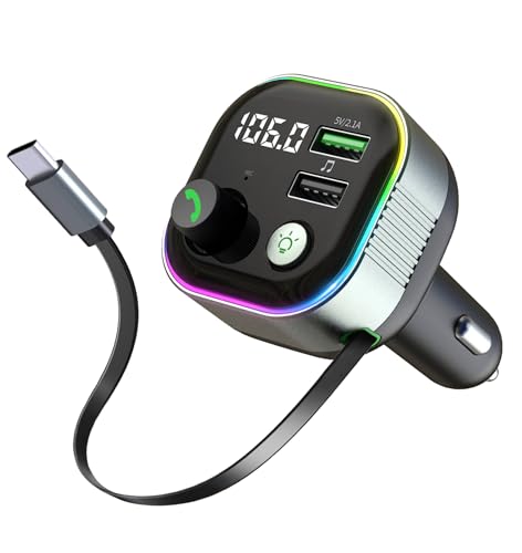 LIHAN Bluetooth 5.4 Car Adapter, Transmitter for FM Radio,65W Retractable USB C Fast Car Charger, Wireless Audio Hands Free Calling & MP3 Music Player, HiFi Bass Support USB Drive