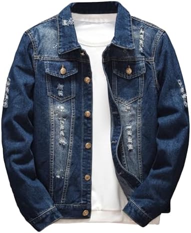 Men Distressed Motorcycle Denim Jacket Ripped Trucker Work Denim Outerwear Classic Outdoor Cool Young Jean Jacket