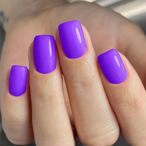 Purple Press on Nails | Short Square Fake Nails,Solid Color Acrylic Nails,Full Cover Glossy False Nails with Jelly Glue,Stick on Nails for Women | Nails Press Ons 12 Sizes-24Pcs