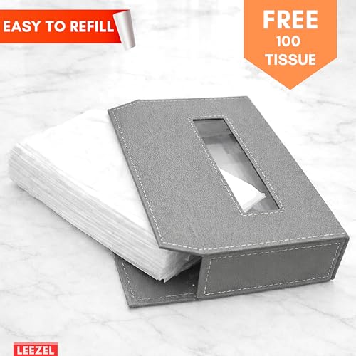 Image of LEEZEL| Tissue Box Holder with 100 Pulls Cotton Rags Tissue | Handcrafted Fine Leather - Like Finish | for Gifting, Office Desks, Cars & Home Decor | Durable & Water Resistant. (Light Grey)