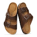 Project Cloud 100% Genuine Leather Flat Sandals For Women 2026 Cork Footbed Womens Sandals with Memory Foam and arch support Vacation Essentials Slides for Women Footwear (Venita, TANDIS,8)