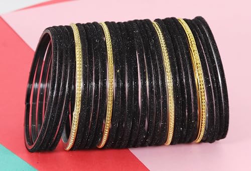 Image of NMII Glass Bangles For Women and Girls with Velvet and Golden Ballchain Linked | Plain Glass Bangles | Velvet Chudi Set | Bangles For Women | Stylish Glass Chudi Bangles- Set of 28