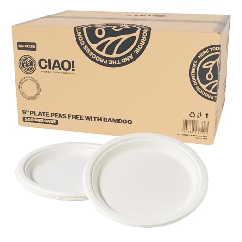 CIAO! 9 Heavy Duty Plate 100% Compostable PFAS Free Unbleached Bagasse Natural White (Pack of 500)