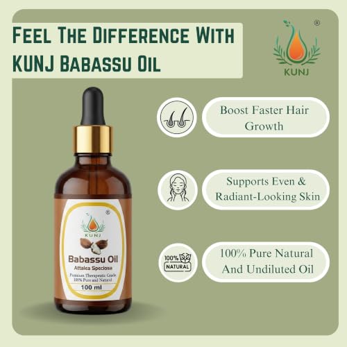 Image of KUNJ Babassu Oil 100ml - 100% Pure & Natural Cold Pressed Undiluted Carrier Oil for Hair, Skin, Face & Body Care | Lightweight Non-Greasy Moisturizing Oil | Fast Absorbing