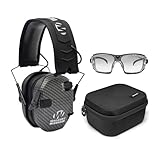 Walkers Razor Slim Electronic Muff (Carbon) Bundle with Hearing Protection and Safety Glasses Case, and Ballistic Protection Glasses (3 Items)