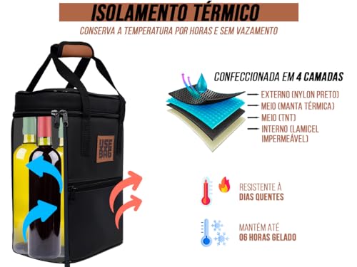 Bolsa Térmica Para Vinho Wine Bag Couro com Divisória 13 litros Executiva Alça Porta 4 Garrafas e Ta