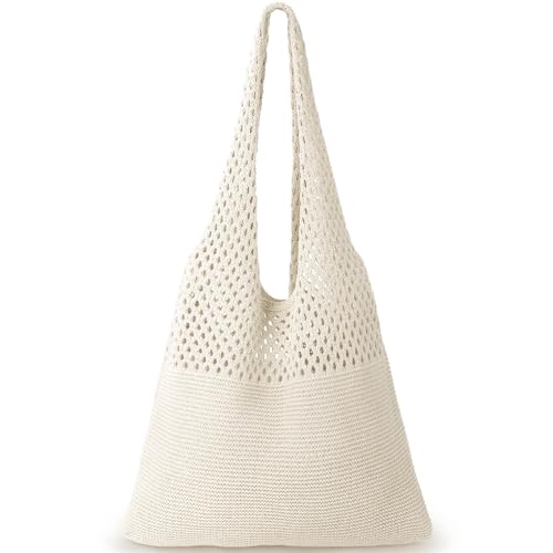 KPX Crochet Tote Bag, Beach Mesh Knitted Bag Large Aesthetic Shoulder Bag Handbags Hollow Hobo Bag for Women Summer A-beige