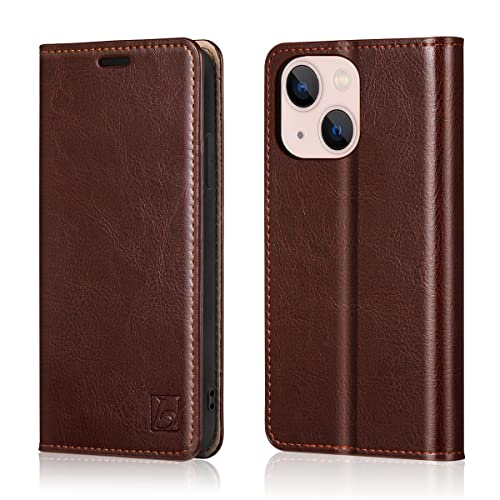 Belemay Case Compatible with iPhone 14 Wallet Case-Genuine Leather Flip Phone Case-RFID Blocking Card Holder-Shockproof TPU Shell Folio Book Cover Women Men Compatible with iPhone 14 (6.1-inch) Brown