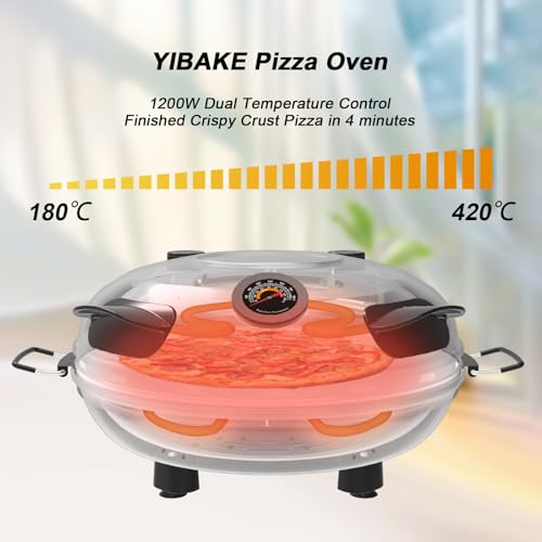 YIBAKE Elektryczny piec do pizzy, ogniotrwały kamień do pizzy, 1200 W, 4 minuty pizzy w ekspresie do pizzy, podwójna regulacja temperatury, ze skórkami do pizzy i skrobakiem, czerwony