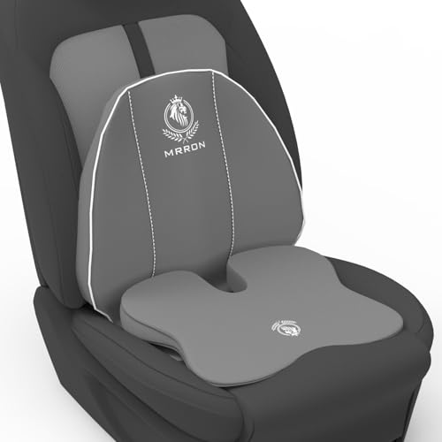 Image of MRRON Car Seat and Coccyx Pillow Kit Memory Foam Back Support and Siting Cushion Ergonomic Adjust Sitting Position Relief Pain for Car or Office Chair (Grey, Spine Support)