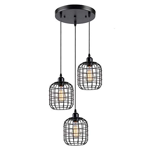 Rustikale Black Metal Cage Lampshade Esszimmer Pendelleuchte Küche Island Leuchte mit 3 E27 Bulb Sockets 120W lackiert Finish Cover
