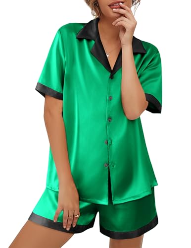 Image of Ekouaer Womens Silk Satin Pajama Set Short Sleeve PJs 2 Piece Button Down Top and Shorts Notch Collar Sleepwear Sets Soft Pjs | Soft sleepwear with pockets, botton down lounge sets, ideal for Home relaxation, Wedding, Party, Daily Wear & Breastfeeding