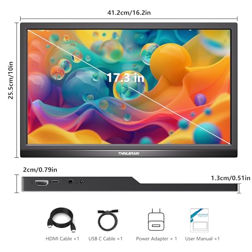 Image of Thinlerian 17.3 Inch Portable Monitor 1600x900 HD Resolution with USB-C HDMI Dual Speakers, External Display Second Screen for Laptop PC Phone, Travel, Office