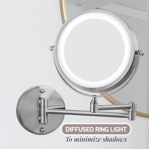 Image of OVENTE 7 inch Wall Mounted Lighted Makeup Mirror, Nickel Brushed MFW70BR1X10X | Cordless Double Sided 1X /10X Magnifying Mirror for Bathroom with LED Lights, 360 Rotation, Extendable Arm, Battery Operated