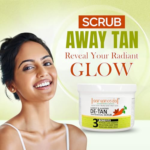 Aryanveda Detan Tan Removal Brightening & Revitalizing Face Scrub with Carrot and Almond, Gentle Exfoliation Smooth and Clear Complexion Suits All Skin Types For Women and Men 200g