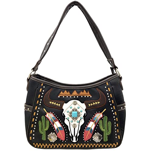 Justin West Native Longhorn Cow Skull Cactus Feather Color Conceal Carry Shoulder Handbag Purse | Trifold Wallet