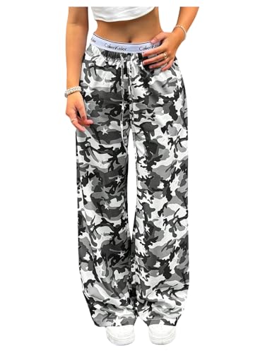 SOLY HUX Women's Plus Size Camo Pants Y2k Drawstring Elastic Waist Wide Leg Baggy Long Pants Trousers Streetwear