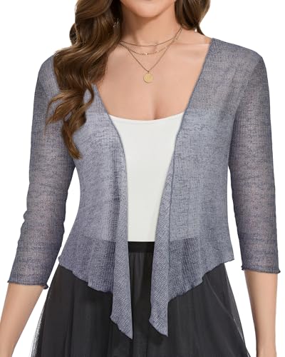 Image of Women Crop Cardigan Sheer Mesh Bolero Shrug for Dress Tie Front 3 /4 Sleeve Tops