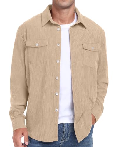 Askdeer Men's Corduroy Button Down Shirts Long Sleeve Casual Shacket Jacket Western Corduroy Shirt Jacket with Flap Pockets