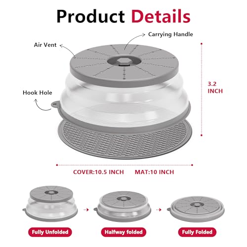Image of AML-24-6 Microwave Splatter Cover & Mat, Vented Collapsible Splatter Guard dish Plate lid & Silicone Round Kitchen Mat for Food, Meal Prep