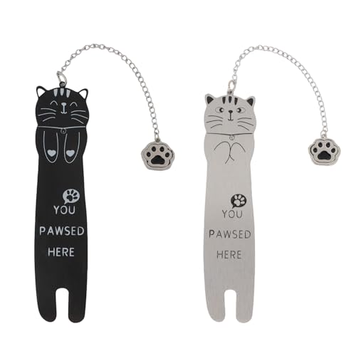 2pcs Cat Bookmarks for Women & Men, Metal Funny Cute Bookmarkers You Pawsed Here Cat Read Book Marks for Reading Lovers Birthday Gift Bookish Reading Accessories