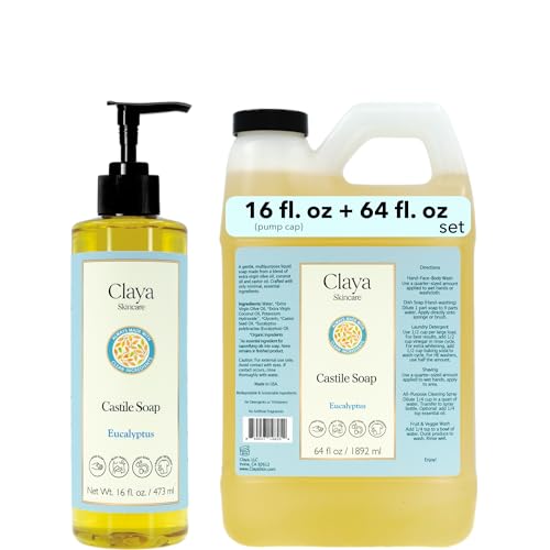 Image of Claya Eucalyptus Liquid Castile Soap - Organic Ingredients, Biodegradable, Refreshing Scent, Gentle for Skin and Versatile Use (16 fl oz (Pump Cap) and 64 fl oz)