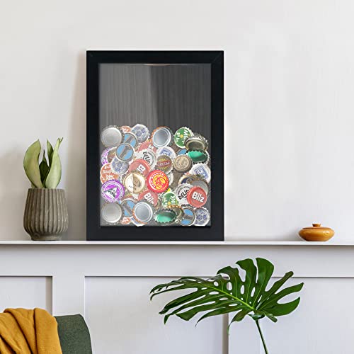 Image of GraduationMall 5x7 Top Loading Shadow Box Frame with HD Glass,Wood Display Case with Slot,1.25 inches Interior Depth,Ideal for Wine Bottle Caps,Tickets,Shells,Stamps and More,Black