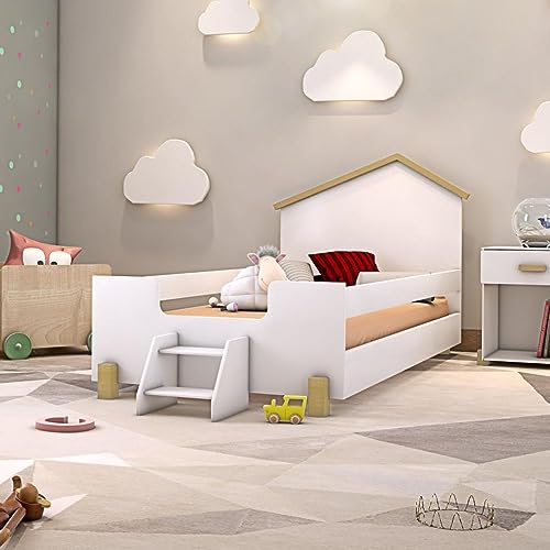 Cama Infantil Casinha com Escada Ayla Divaloto Branco/natural