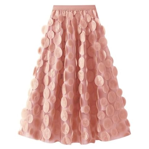 Women's Tulle Midi Skirt Elastic High Waist Flowy Pleated Skirt A line Mesh Fairy Skirts (3D Polka Dot-Pink, One Size) Cover