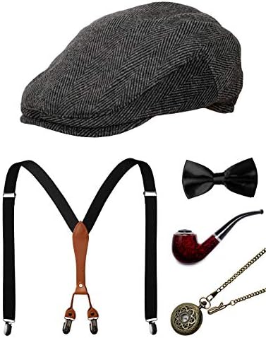 Zivyes 1920s Mens Costume Peaky Blinders Gatsby 1950s Fedora Hat Suspenders Bow Tie Pocket Watch