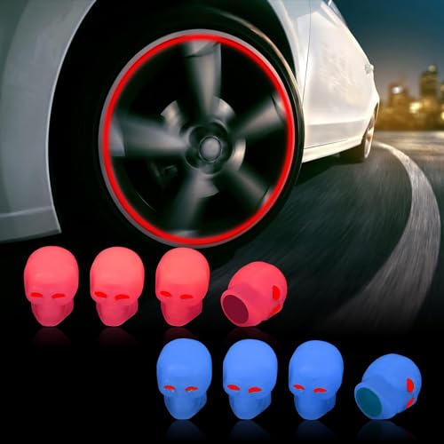 Eowppue 8Pcs Skull Dust Caps for Car Tyres (Red, Blue) - Uni