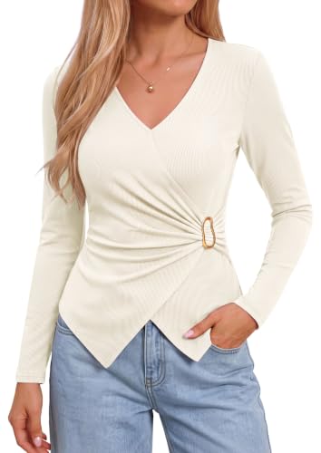 Image of PRETTYGARDEN Women's Long Sleeve Business Casual Work Tops, Beige, XXL