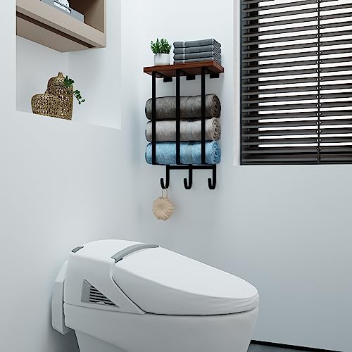Towel Racks for Bathroom with Wooden Shelf and 3 Hooks, Towel Rack Wall Mounted, Sturdy Towel Holder Bathroom Accessories for Rolled Towels Organizer, Black - Thumbnail 7